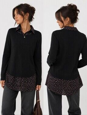 Adrianna Papell Heart Print Layered Twofer Sweater Top Dark Academia Chic S